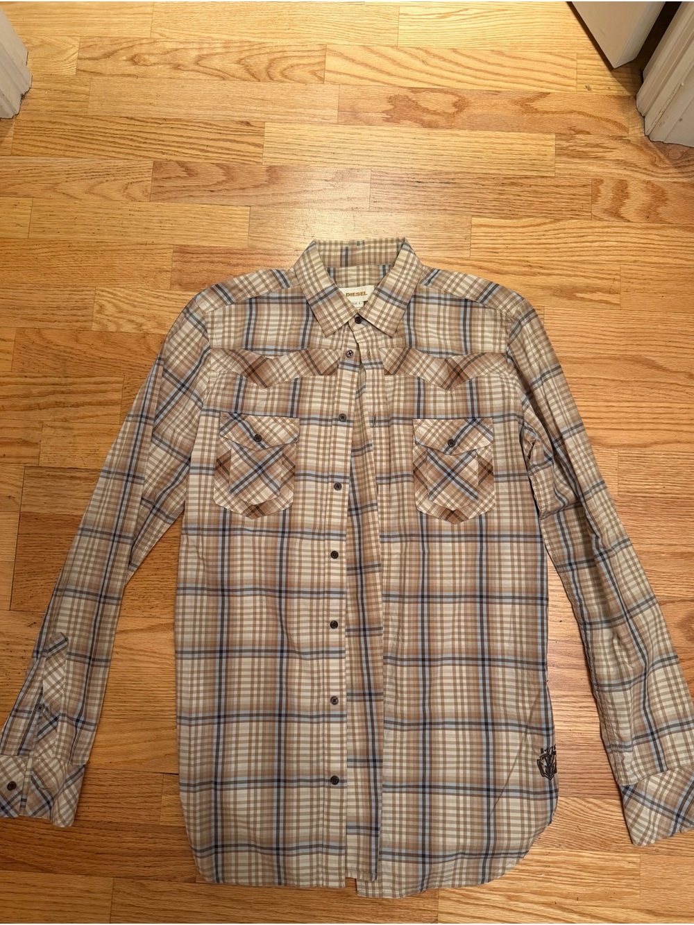 Diesel Beige and Blue Plaid Button-Down Shirt